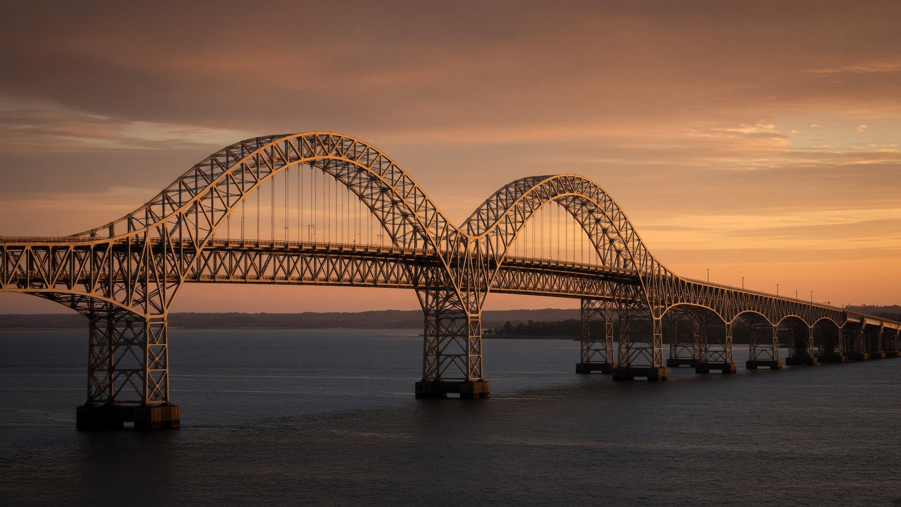 Chesapeake Bay Bridge spans at golden hour